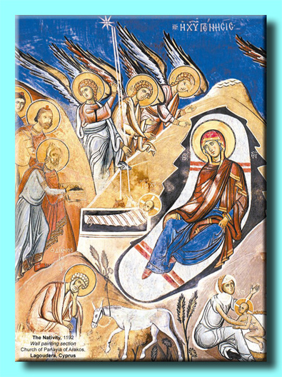 cone da Natividade de Jesus Cristo pintado na parede da Igreja de Panayia de Arakos em Chipre